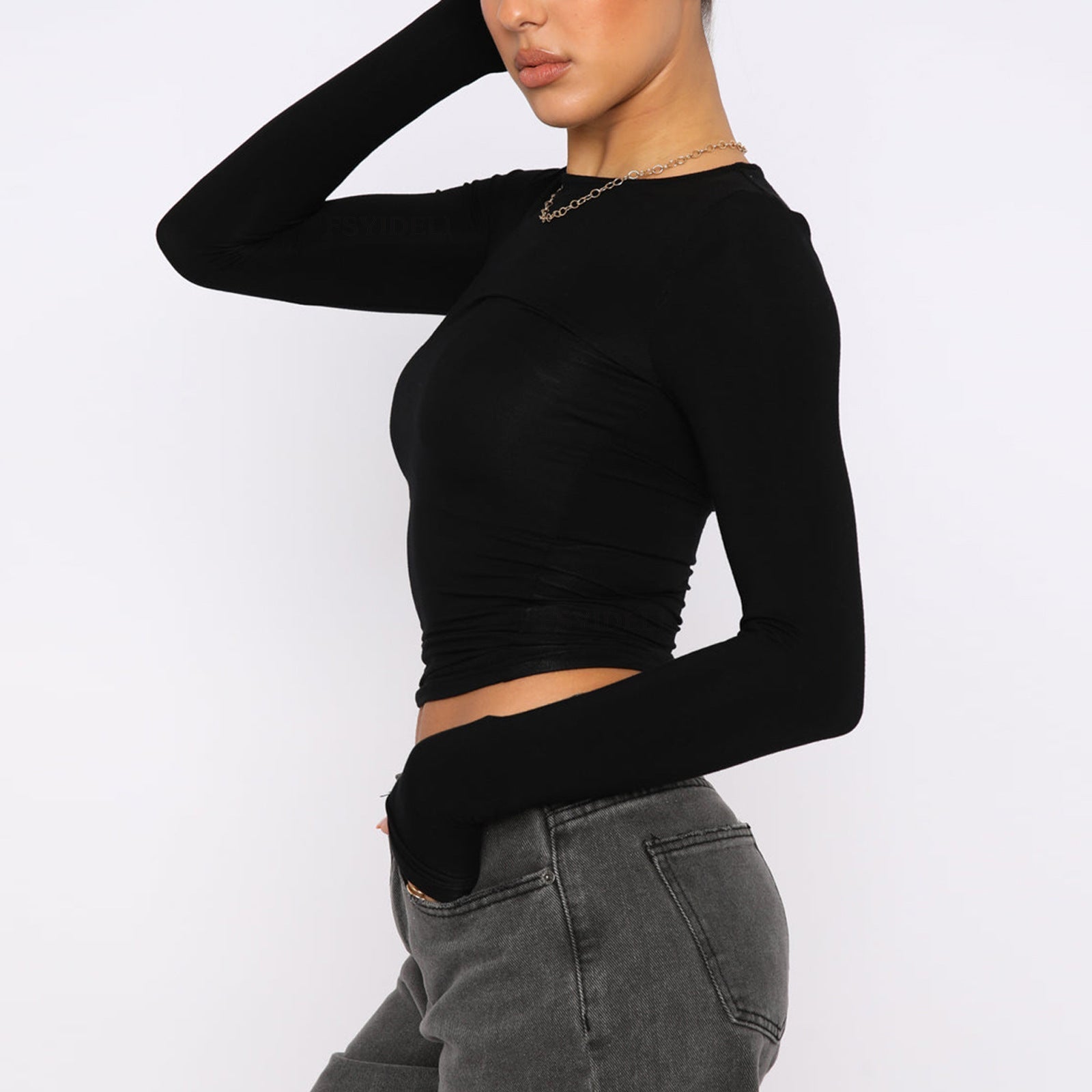Women's slim fit long sleeve casual crop top by Plush Fashion Hub, shown in a stylish, form-fitting design perfect for everyday wear.