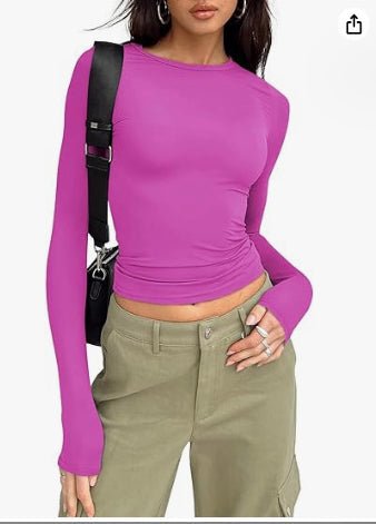 Slim fit women's long sleeve casual shirt by Plush Fashion Hub, styled as a trendy crop top in a relaxed fit.
