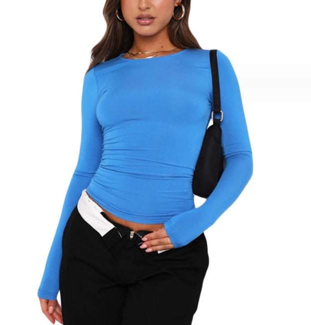 Plush Fashion Hub women's slim fit long sleeve casual shirt, crop top style, in a trendy, fitted design perfect for casual wear.