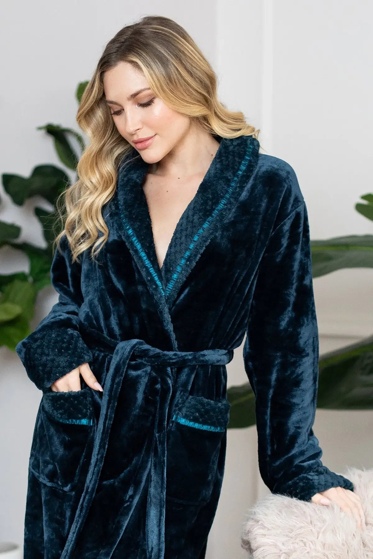 Women's ultra-soft plush bathrobe from Plush Fashion Hub, showing cozy, fluffy fabric and relaxed fit for comfortable lounging.