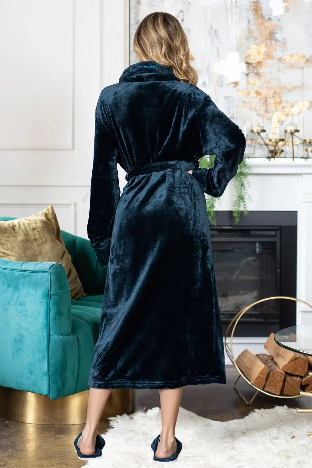 Women's ultra-soft plush bathrobe from Plush Fashion Hub, shown in cozy, fluffy fabric with a relaxed fit and hooded design.