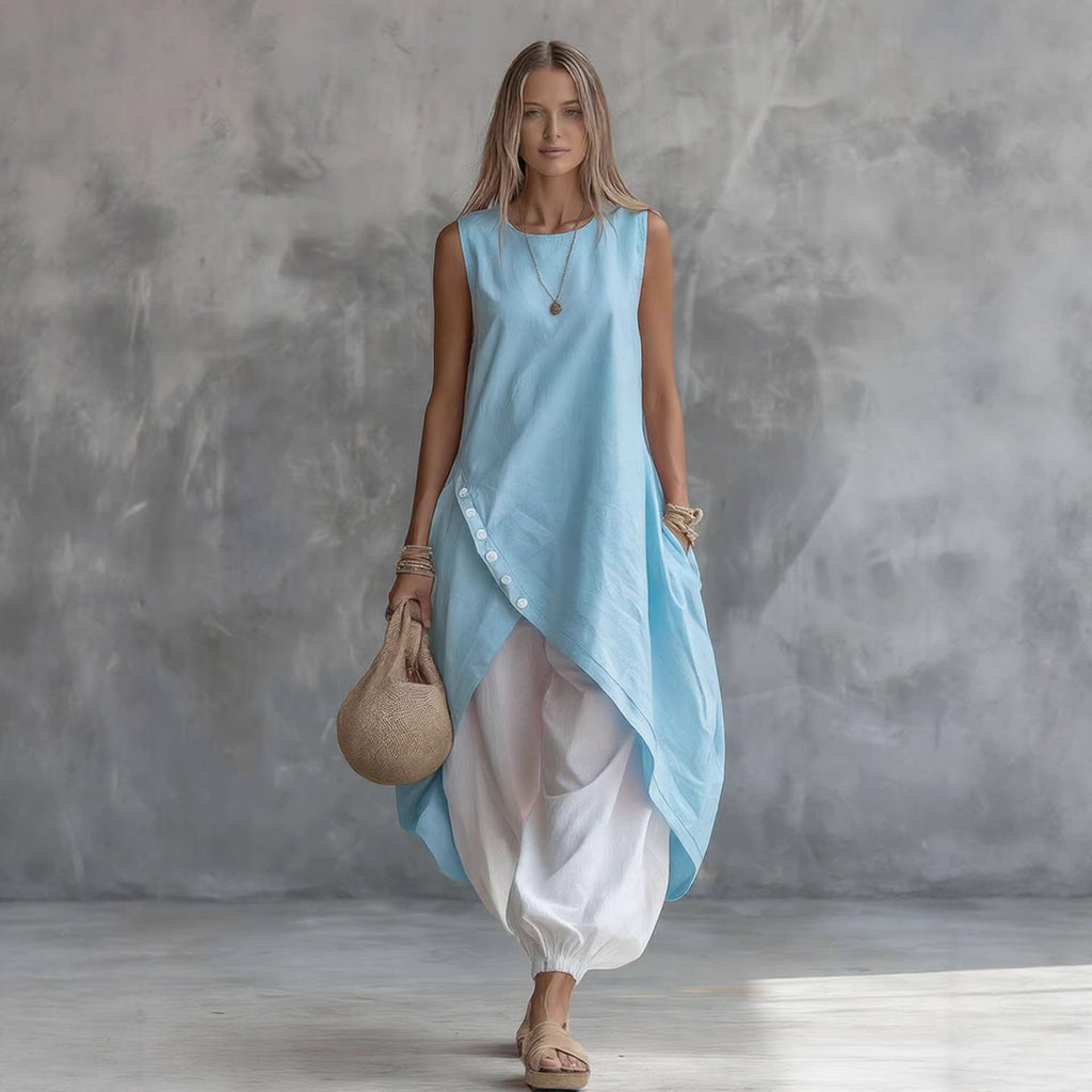Solid-color sleeveless loose-fit casual dress with patch pockets by Plush Fashion Hub, featuring a relaxed fit and simple design.