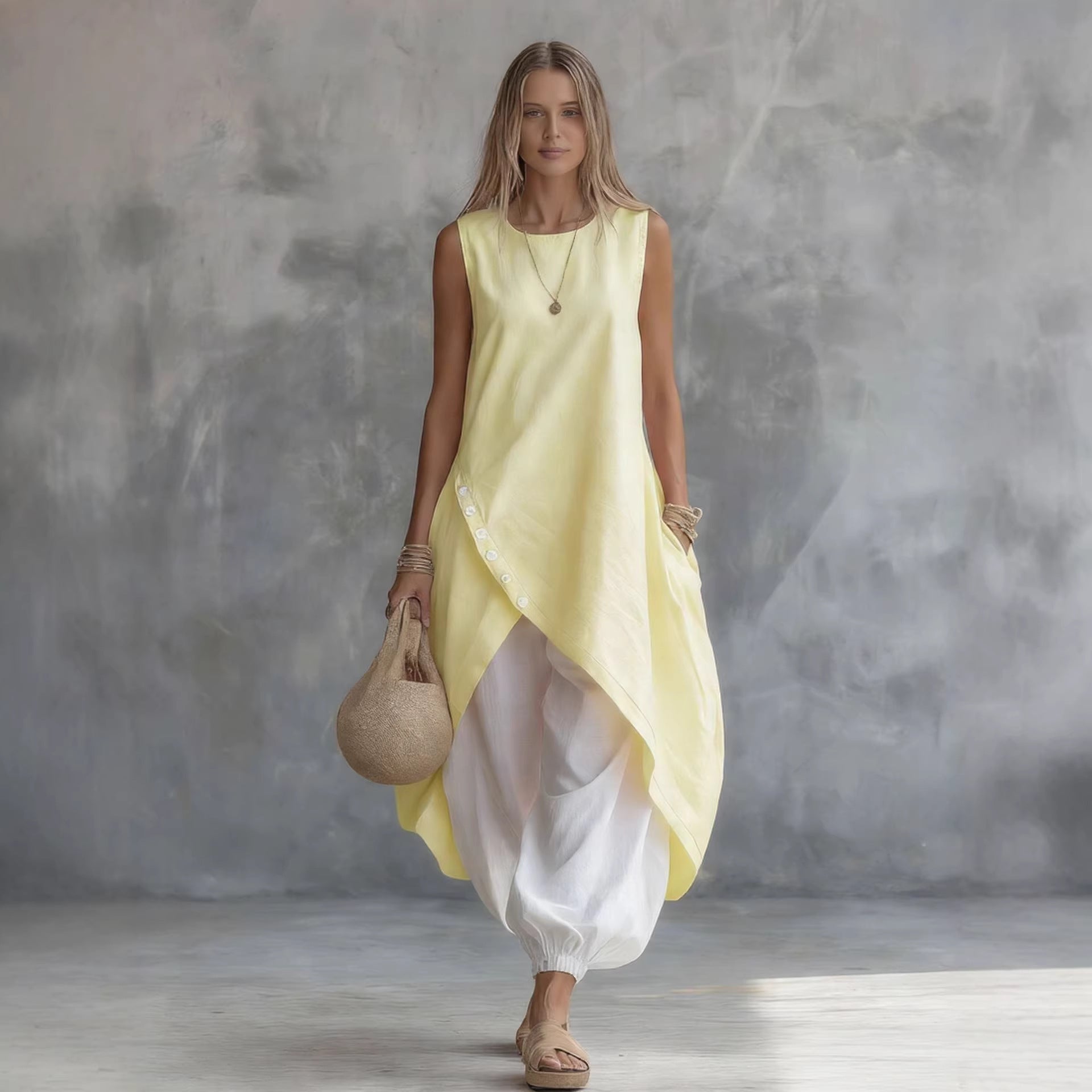 Solid-color sleeveless loose-fit dress with patch pockets, casualwear by Plush Fashion Hub, shown in a neutral fabric and relaxed fit.