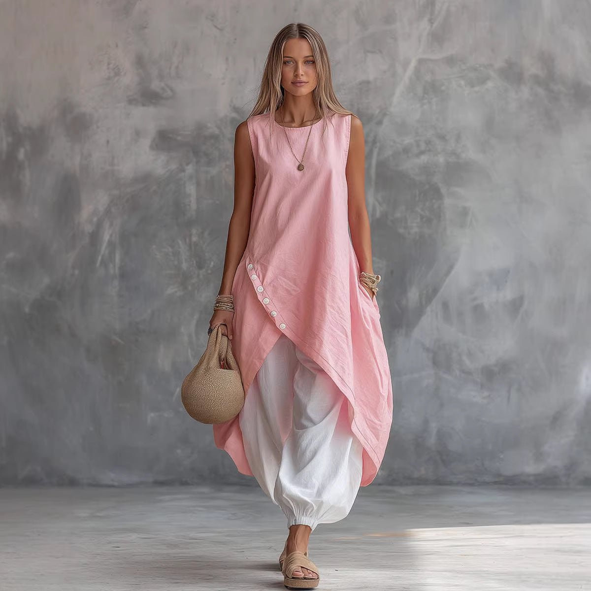 Solid-color sleeveless loose-fit dress with patch pockets from Plush Fashion Hub, casualwear perfect for relaxed, stylish looks.
