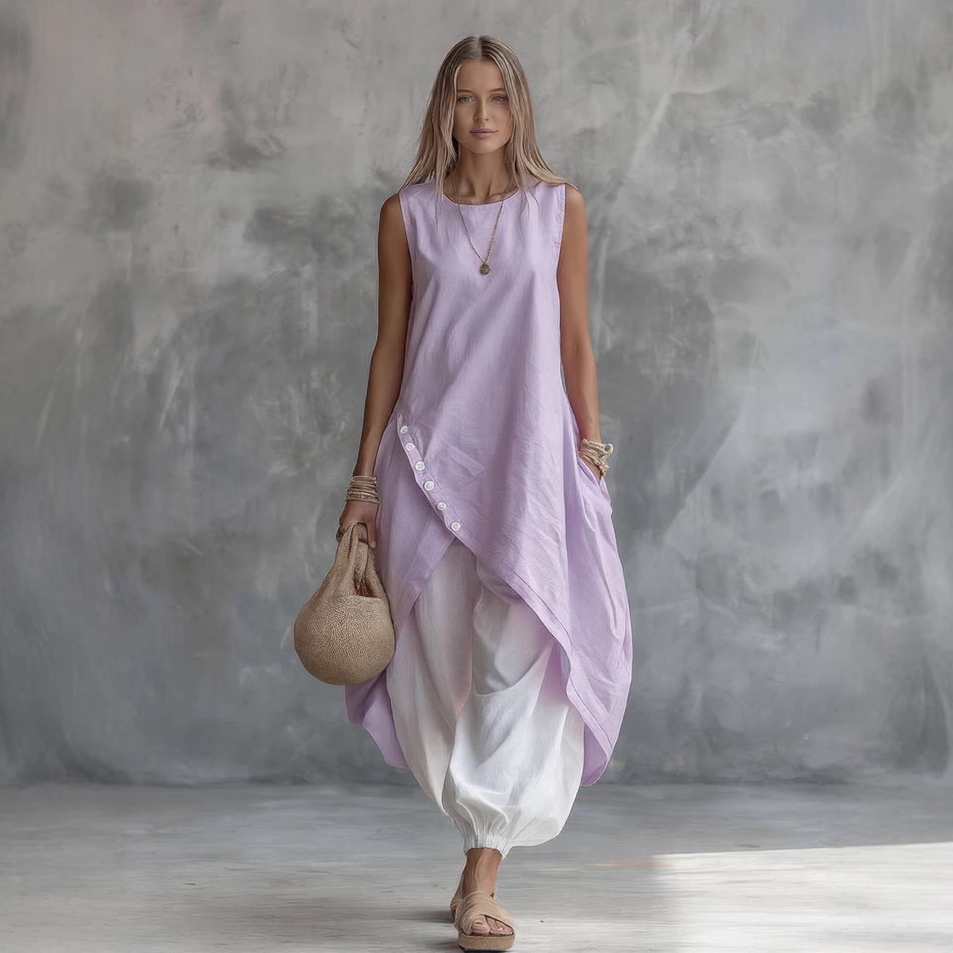 Solid-color sleeveless loose-fit dress with patch pockets from Plush Fashion Hub, casual wear perfect for warm weather.