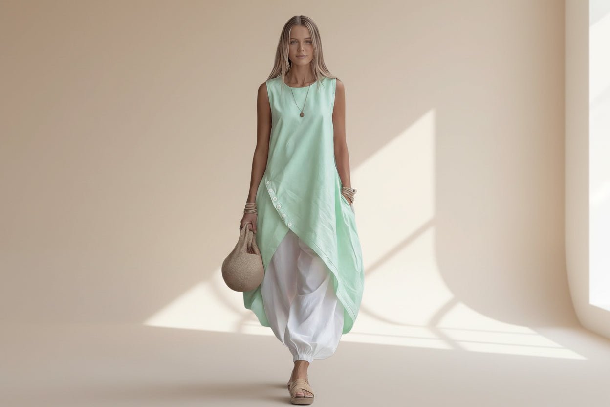 Plush Fashion Hub solid-color sleeveless loose-fit casual dress with patch pockets, casualwear for comfortable everyday wear.