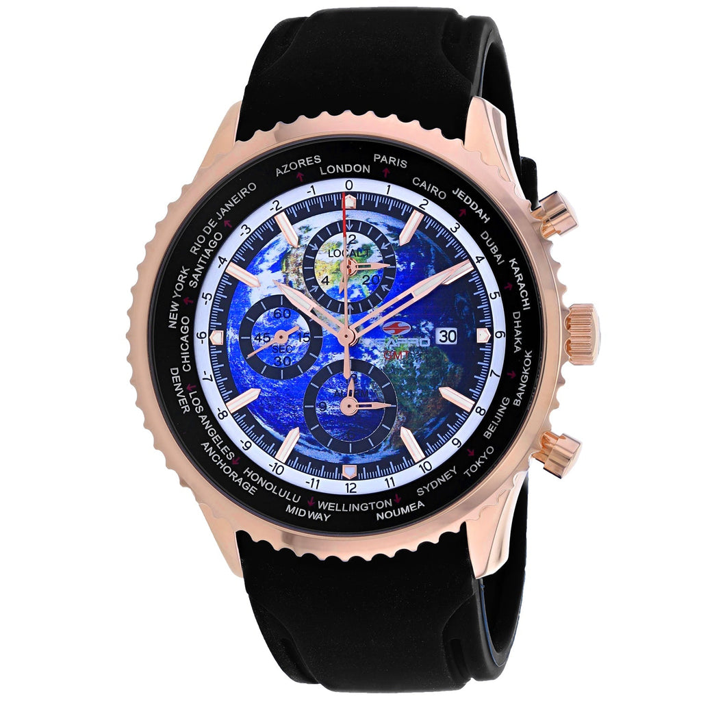 Seapro Men's Meridian World Timer GMT watch with black dial and stainless steel band, displaying multiple time zones.