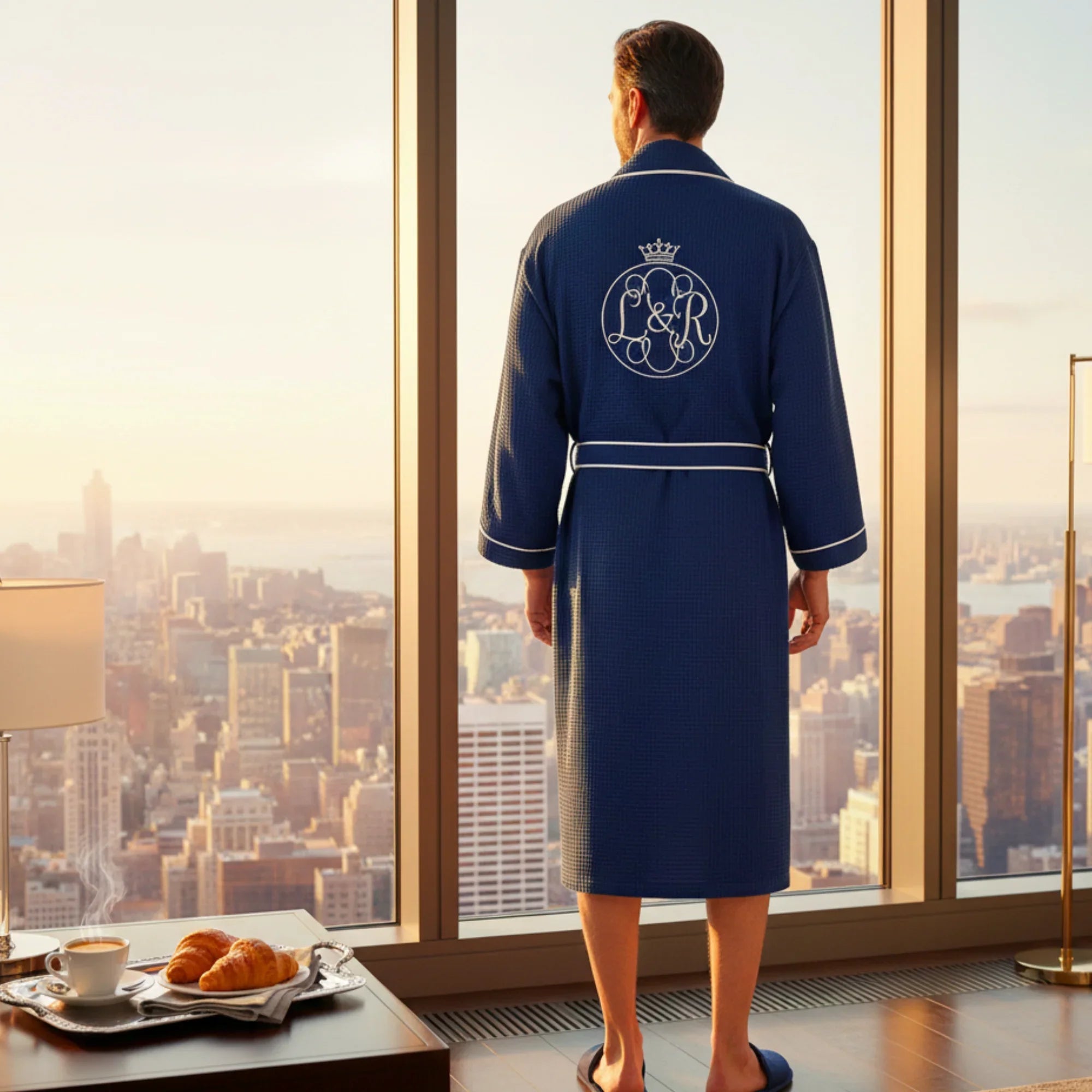 Plush Fashion Hub men's premium waffle piping robe with a cozy, textured fabric, ideal for spa or lounge wear.