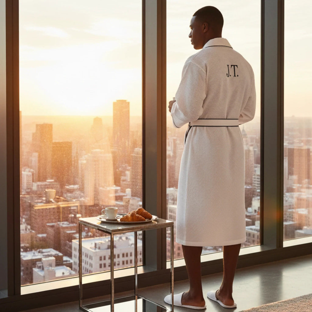 Plush Fashion Hub men's waffle piping robe with a soft, textured fabric, featuring a shawl collar and belt for a cozy spa look.