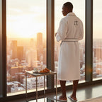 Plush Fashion Hub men's waffle piping robe with a soft, textured fabric, featuring a shawl collar and belt for a cozy spa look.