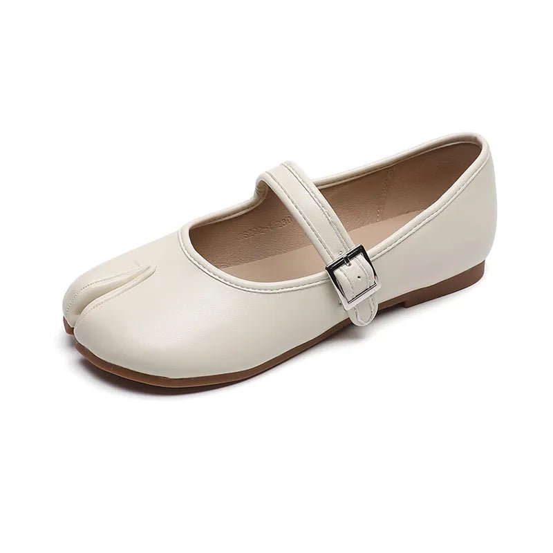 Women's split-toe PU leather flat slip-on shoes with a comfortable casual design, featuring a sleek and modern look.