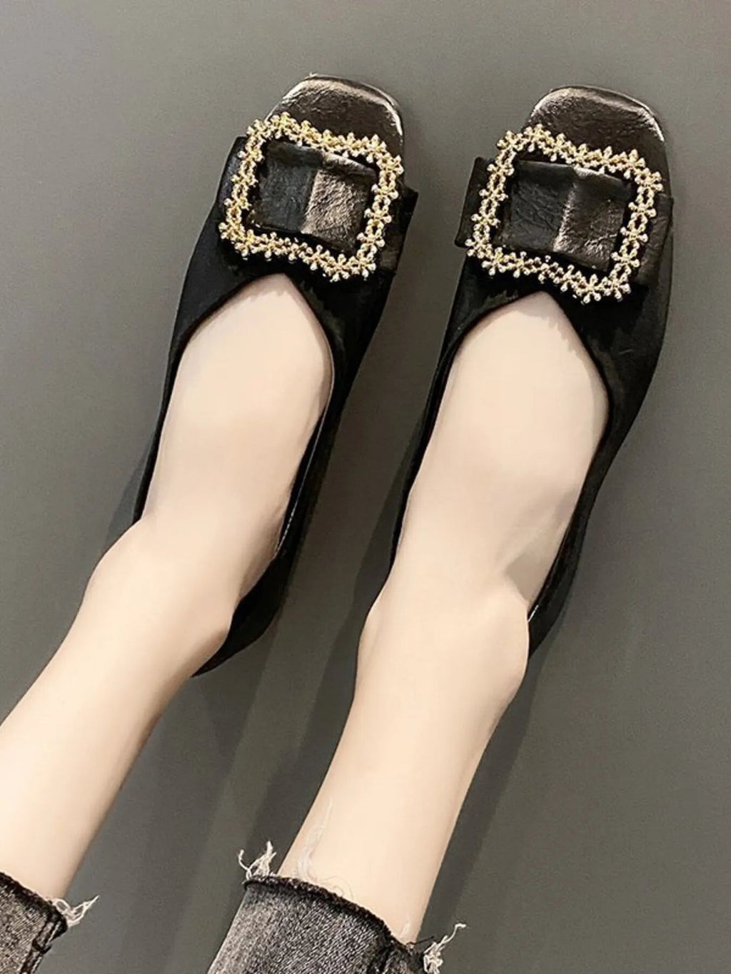 Women's square toe buckle flats made of faux leather, stylish loafers with a buckle detail and comfortable shoe design.