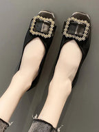 Women's square toe buckle flats made of faux leather, stylish loafers with a buckle detail and comfortable shoe design.