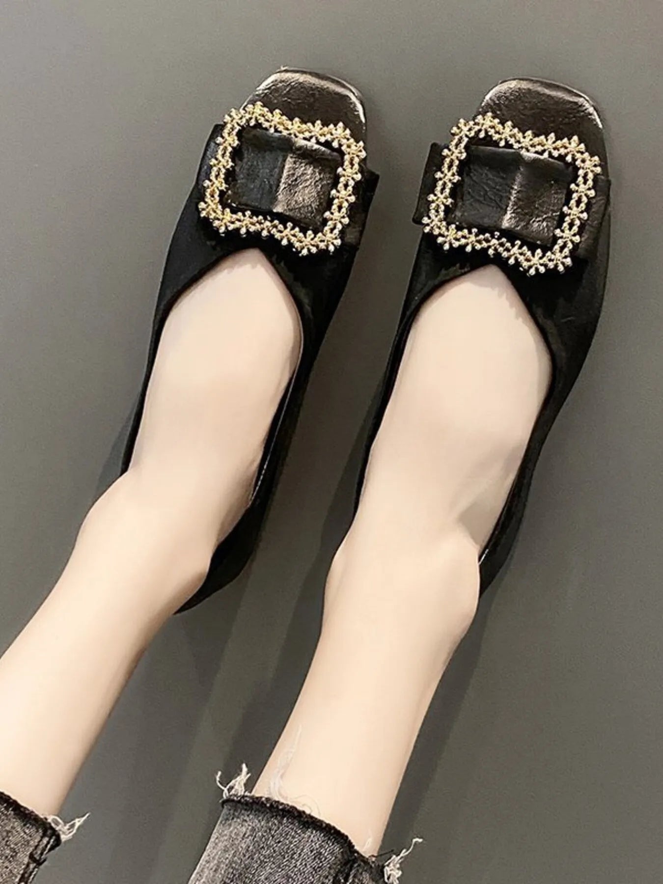 Women's square toe buckle flats made of faux leather, stylish loafers with a buckle detail and comfortable shoe design.