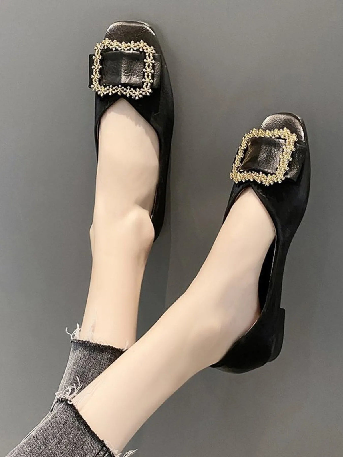 Women's square toe faux leather flats with buckle detail, stylish loafers from Plush Fashion Hub.