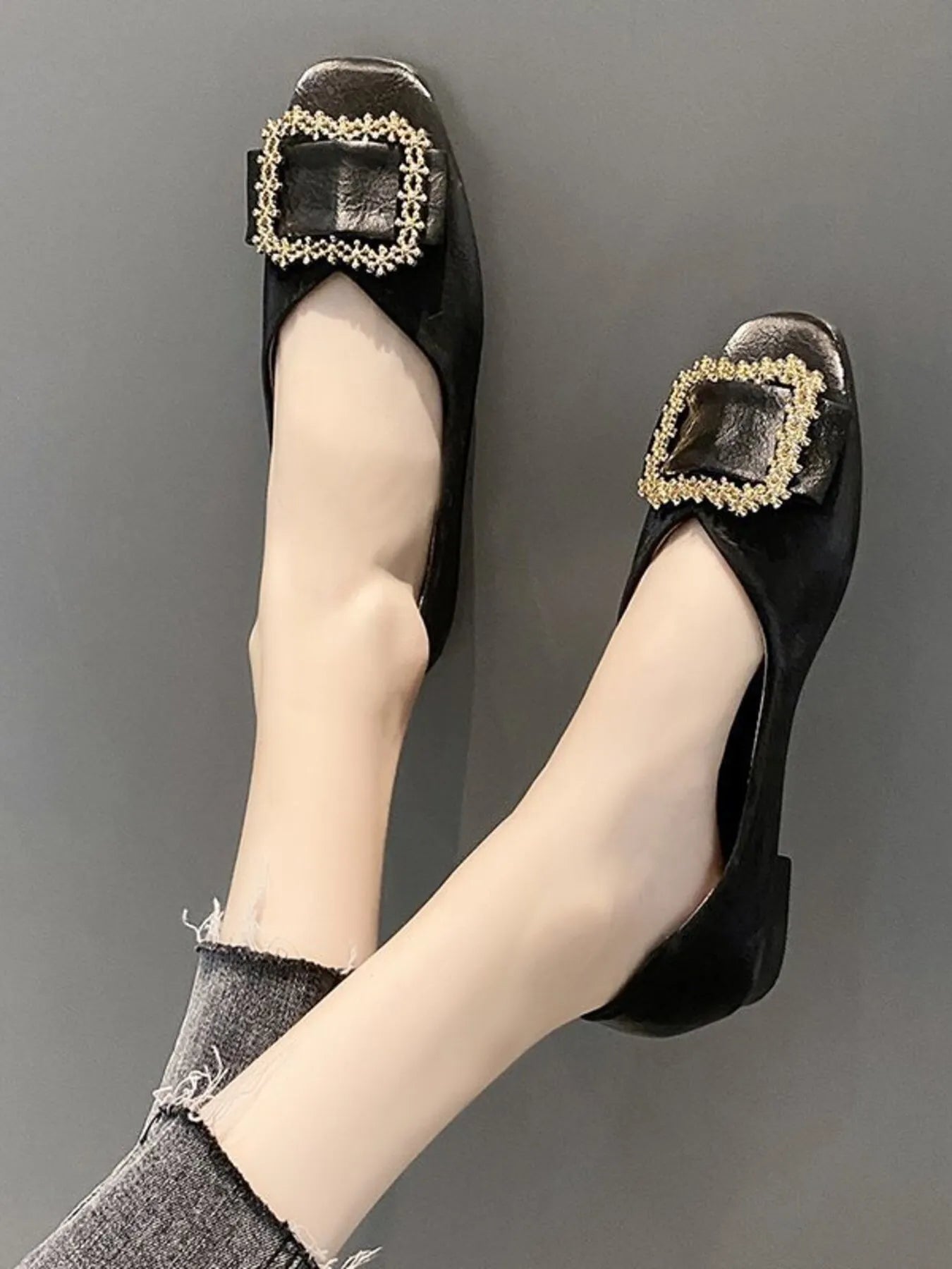 Women's square toe buckle flats in faux leather, trendy loafers with a stylish buckle detail, perfect for casual or office wear.