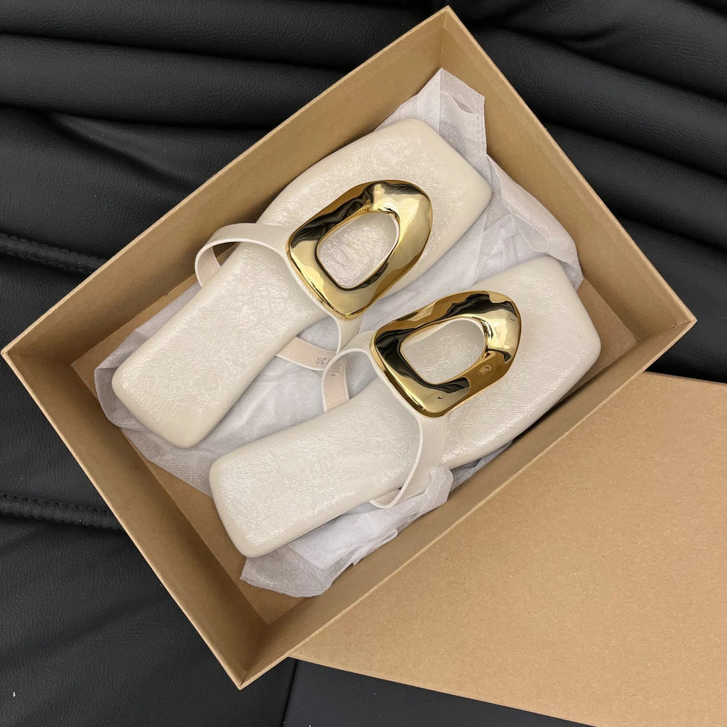 Women's chic square toe flat sandals with metallic detail, trendy trendy Trendsi shoe featuring stylish design and comfortable fit.