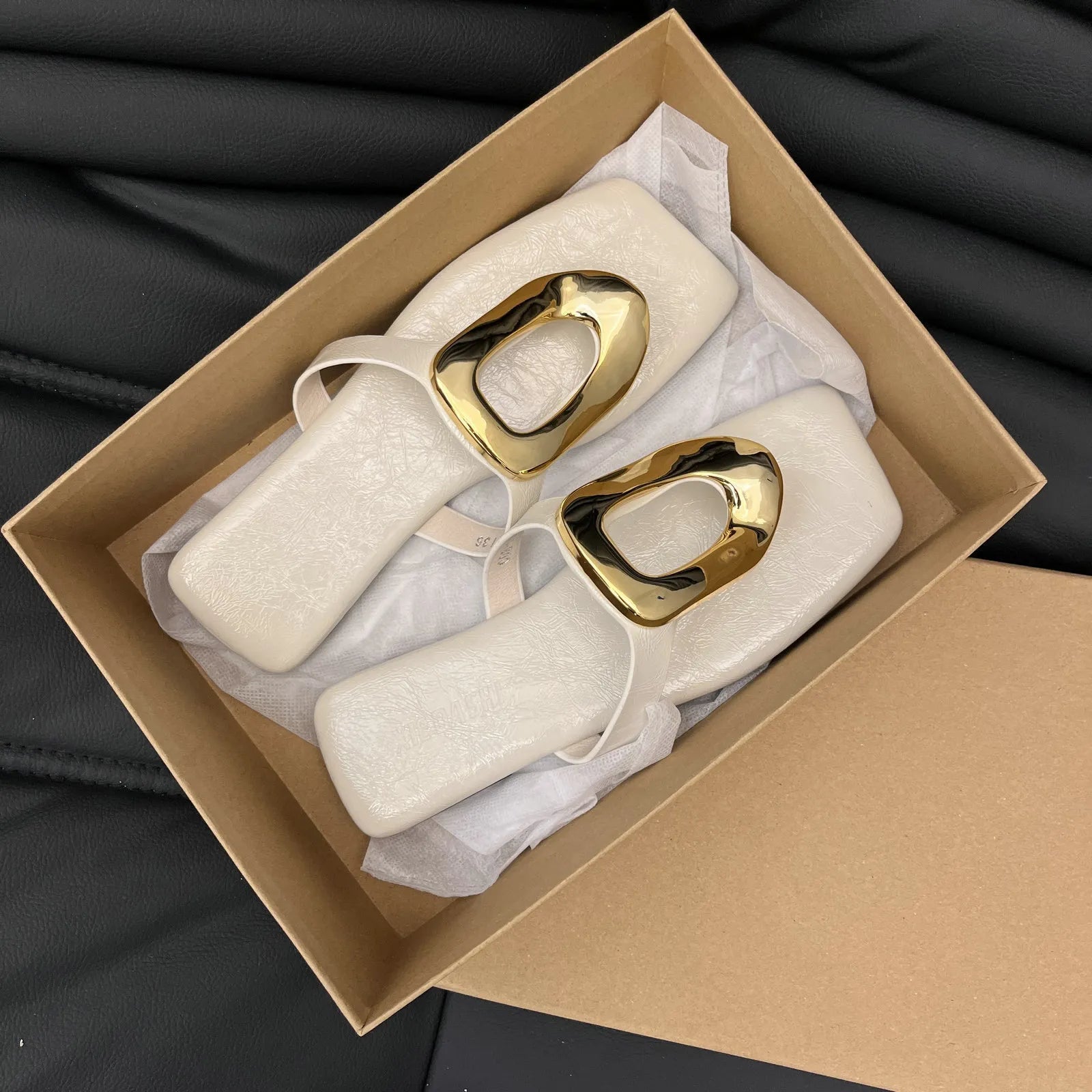 Women's chic square toe flat sandals with metallic detail, trendy trendy Trendsi shoe featuring stylish design and comfortable fit.