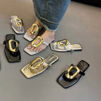 Women's square toe flat sandals with metallic detail, trendy post-style footwear by Trendsi