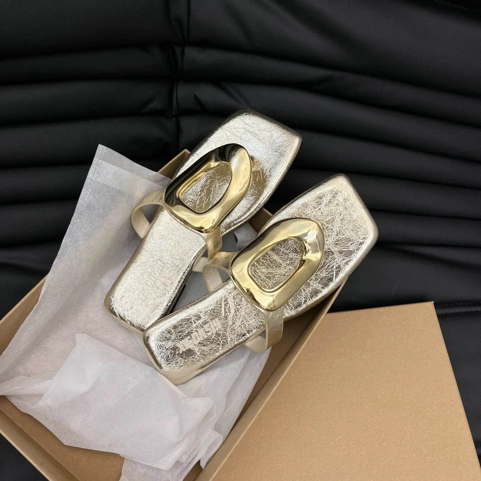 Women's square toe flat sandals with metallic details, trendy shoe by Trendsi featuring stylish design and comfortable fit.