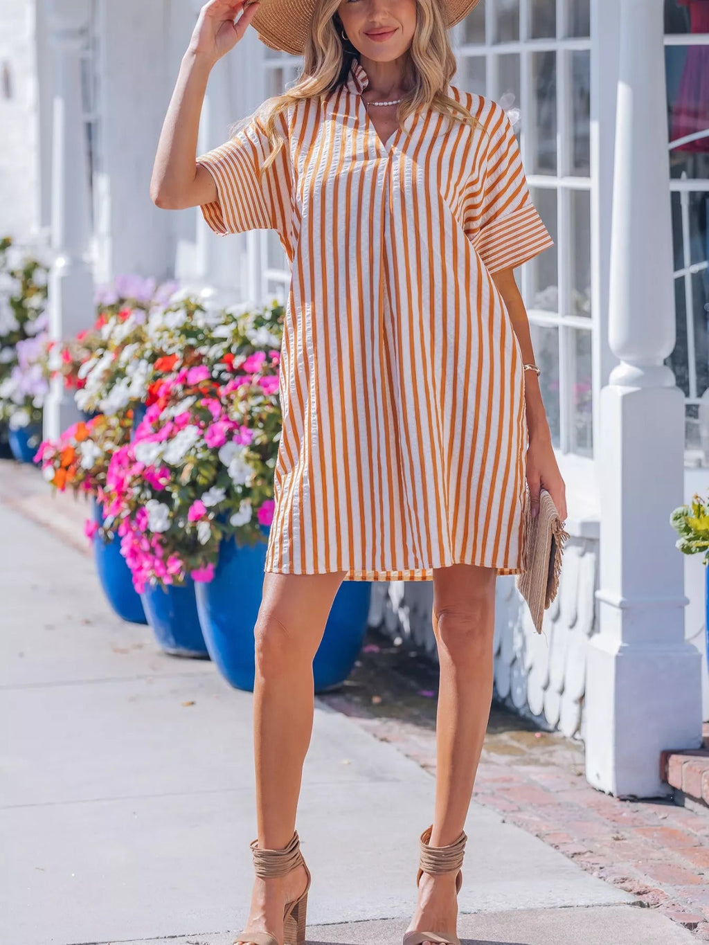 Stripe Pinched V-Neck Mini Dress by Plush Fashion Hub featuring turn-up cuffs and functional pockets, perfect for casual or chic looks.