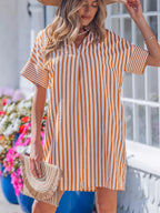 Plush Fashion Hub stripe pinched V-neck mini dress with turn-up cuffs and front pockets, stylish and comfortable for casual wear.