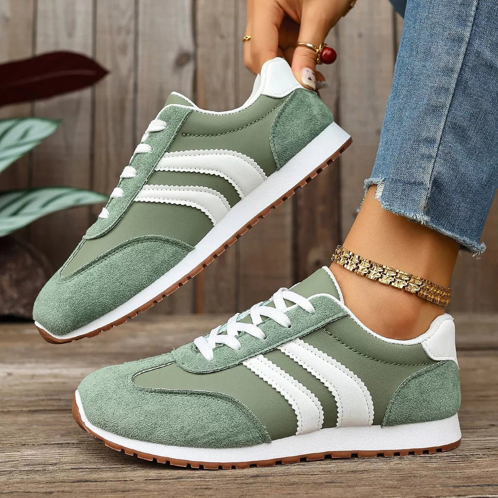 Women's casual suede striped lace-up sneakers by Trendsi, featuring comfortable fashion footwear with stylish striped design and lace-up closure.