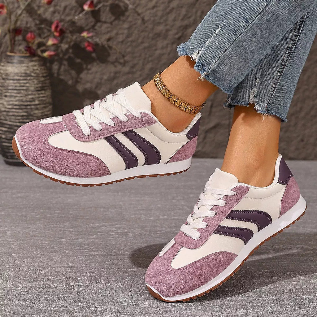 Women's casual striped suede lace-up sneakers by Trendsi, showcasing comfortable fashion footwear with stylish striped design and white soles.