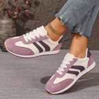 Women's casual striped suede lace-up sneakers by Trendsi, showcasing comfortable fashion footwear with stylish striped design and white soles.