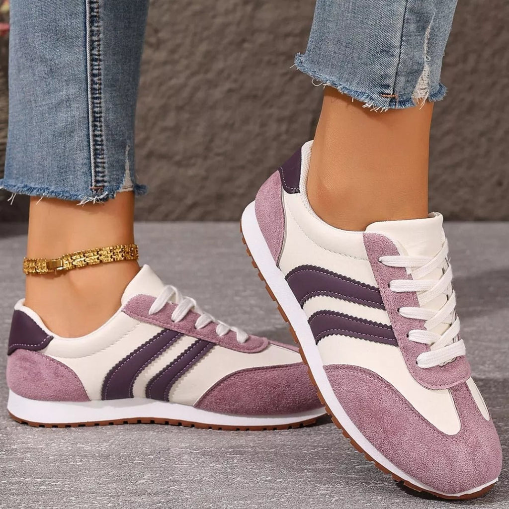 Women's casual striped suede lace-up sneakers featuring comfortable design and trendy fashion style by Trendsi.