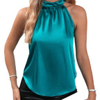 Bright white satin women's summer vest with off-shoulder, halter neckline, sleeveless design, by Bella Mia.