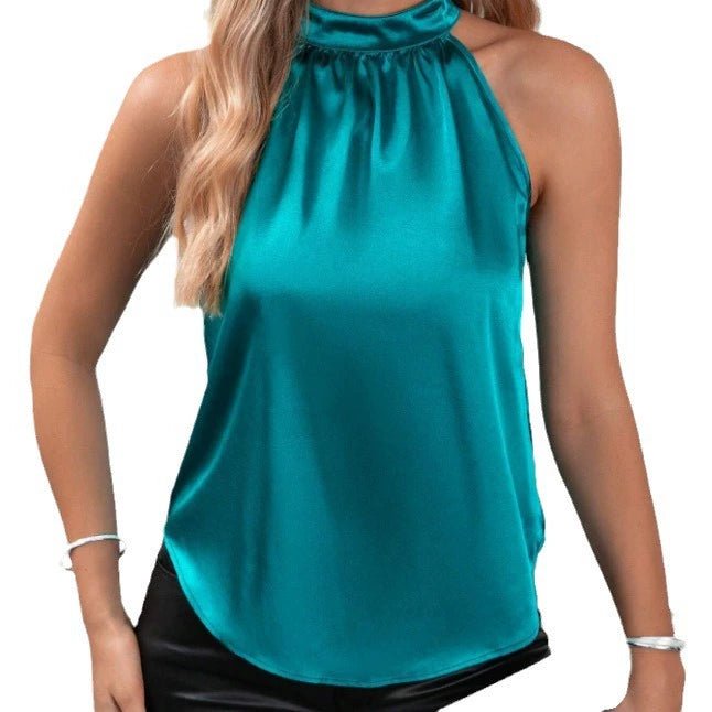 Bright white satin women's summer vest with off-shoulder, halter neckline, sleeveless design, by Bella Mia.