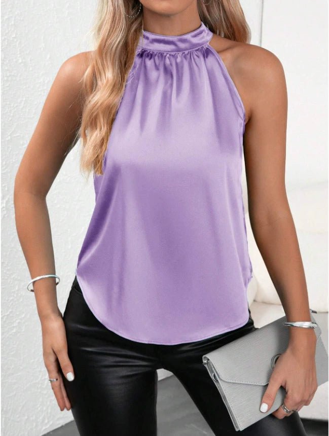 Yellow satin summer vest for women, solid color, off-shoulder, halter style, sleeveless top by Bella Mia.