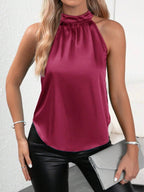 Pink satin summer vest for women with off-shoulder, halter neckline, sleeveless design, from Bella Mia.