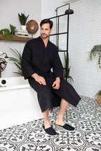 Men's waffle spa bathrobe by Plush Fashion Hub, lightweight and absorbent, shown in a comfortable, casual fit for summer relaxation.
