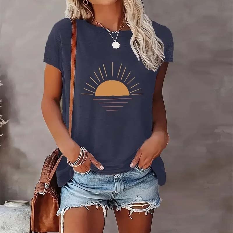 Sunrise print round neck T-shirt by Plush Fashion Hub, casualwear with vibrant sunrise graphic and comfortable fit.