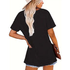 Sunrise print round neck T-shirt from Plush Fashion Hub, casualwear with a vibrant sunrise design on soft fabric.
