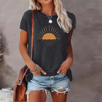 Sunrise print round neck T-shirt by Plush Fashion Hub, casualwear with vibrant sunrise design on soft fabric.