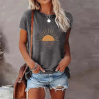 Sunrise print round neck T-shirt from Plush Fashion Hub, casualwear with a vibrant sunrise design on soft fabric.