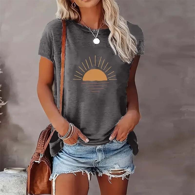 Sunrise print round neck T-shirt from Plush Fashion Hub, casualwear with a vibrant sunrise design on soft fabric.