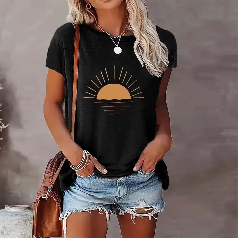 Sunrise print round neck T-shirt from Plush Fashion Hub, casualwear with vibrant sunrise design on soft fabric.