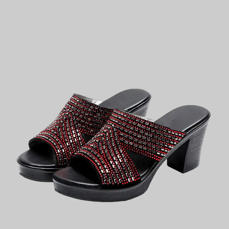 Women rhinestone platform high heels with thick heels and stylish sandal design, perfect for trendy occasions.