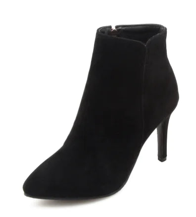 Women's black super high heel pointed toe ankle boots from Trendy Attic Store01, showcasing sleek design and stylish silhouette.