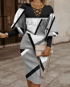 Elegant women's V-neck long sleeve pencil dress by Trendy Attic Store01, displayed on a mannequin with a fitted silhouette.