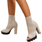 Women’s chunky high heel round toe fish mouth shoes, trendy ankle boots with stylish design and comfortable fit.
