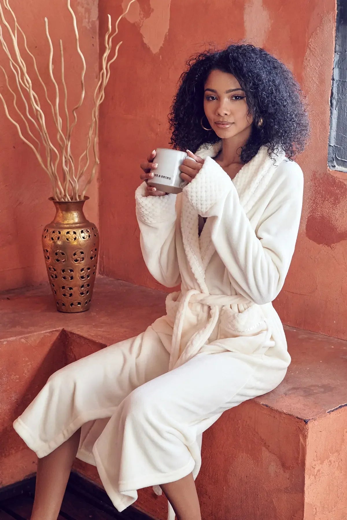 Women's ultra-soft plush bathrobe from Plush Fashion Hub, showing the tan-colored, cozy, and comfortable robe with a tie waist.
