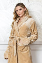 Soft tan women's plush bathrobe from Plush Fashion Hub, featuring a cozy, ultra-soft fabric for comfortable lounging.