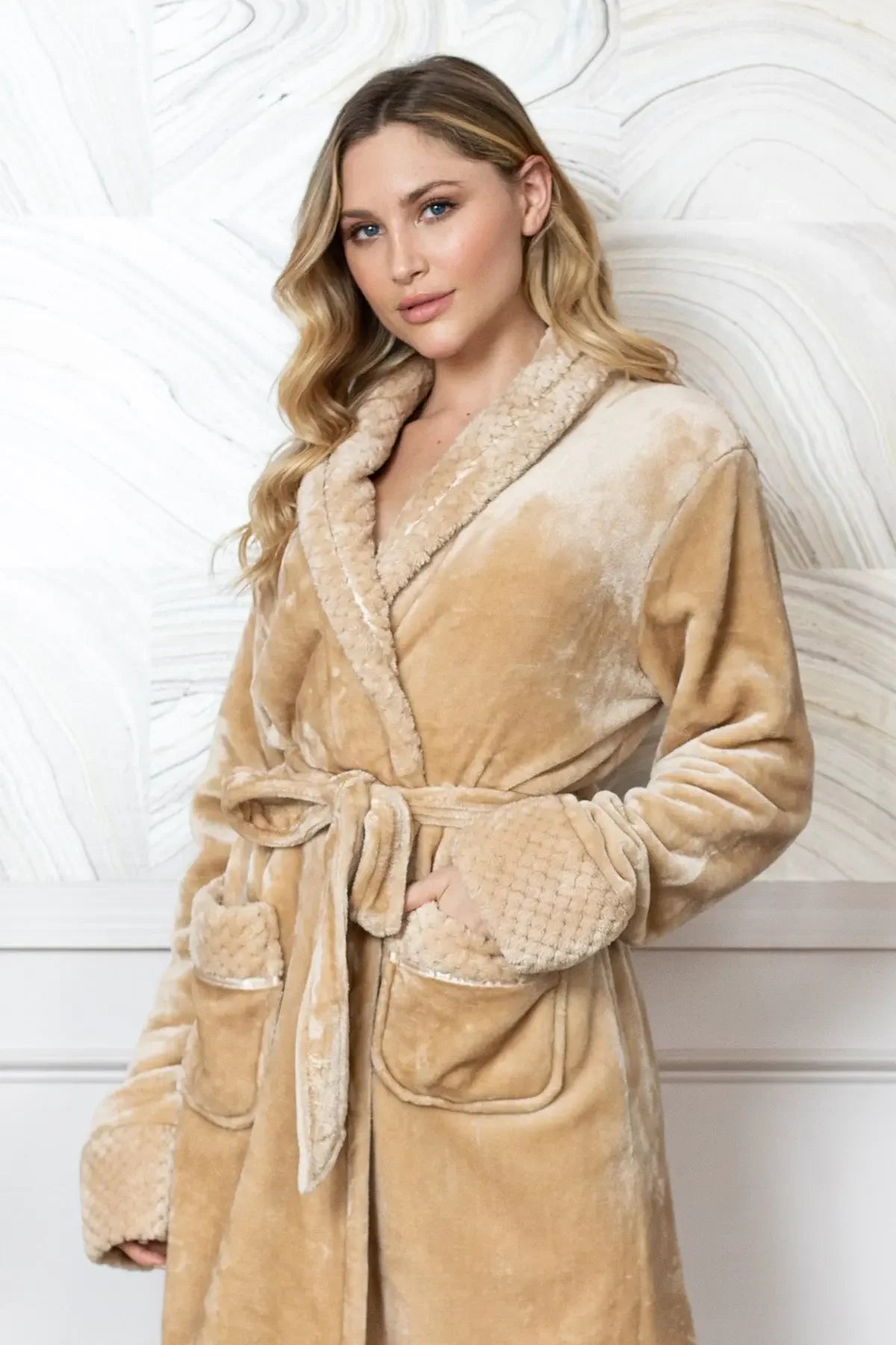 Soft tan women's plush bathrobe from Plush Fashion Hub, featuring a cozy, ultra-soft fabric for comfortable lounging.