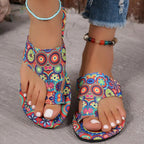 Women's PU leather toe-loop flat sandals with minimalist design, perfect for summer, featuring comfortable slip-on style.