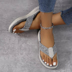 Women's Heathered Toe Post Flat Sandals by Trendsi, featuring comfortable flat design and casual heathered fabric straps.